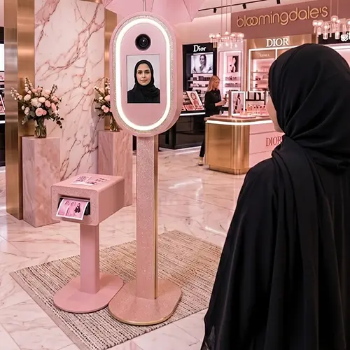 Guests having fun with quirky props inside a vintage strip photo booth by Mirror Booth Dubai.